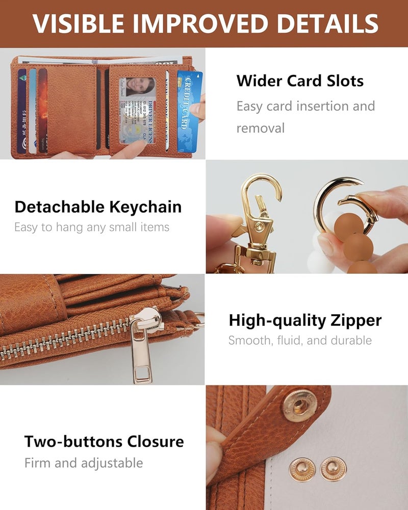 Sunpour Small Wristlet Wallets for Women Keychain Wristlet Wallet RFID Blocking Key Chain Wallet With Zipper Coin Pocket,2 Id Window (Beige＆Brown) - Image 5